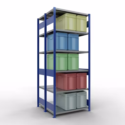 Image supplémentaire de l'article Étagère de base, étagère double, système d'étagères enfichable MULTIplus250, 2500 x 1000 x (2x500) mm, 2x6 étagères, barres de longueur, RAL 5010 bleu gentiane Image supplémentaire de l'article étagère de base, étagère double, système d'étagères enfichables MULTIplus250, 2500 x 1000 x (2x500) mm, 2x6 étagères, RAL 5010 bleu gentiane à partir d'étagères doubles