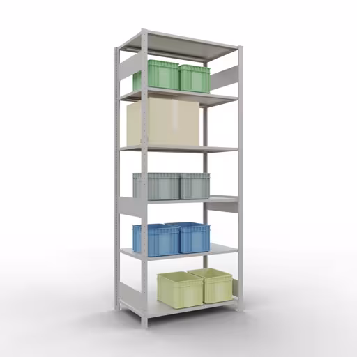 Image du produit n° 15 de l'article étagère de base, étagère, système enfichable MULTIplus85, 2500 x 1000 x 600 mm (HxLxP), 6 étagères, barres de longueur, RAL 7035 gris clair Figure n° 15 de l'article étagère de base, système d'étagères enfichables MULTIplus85, 2500 x 1000 x 600 mm, 6 étagères, gris clair RAL 7035 du groupe de produits système enfichable de la marque Schulte Lagertechnik