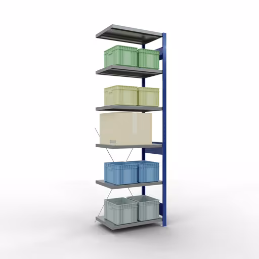 Produktbild Nr 13 des Artikels Anbauregal, Fachbodenregal Stecksystem MULTIplus250, 2500 x 750 x 500 mm (HxBxT), 6 Fachböden, Kreuzstrebe, RAL 5010 enzianblau/verzinkt/verzinkt Abbildung Nr 13 des Artikels Anbauregal, Fachbodenregal Stecksystem MULTIplus250, 2500 x 750 x 500 mm (HxBxT), 6 Fachböden, Kreuzstrebe, RAL 5010 enzianblau/verzinkt/verzinkt aus der Produktgruppe Stecksystem von der Marke Schulte Lagertechnik