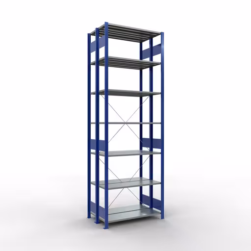 Grundregal, Doppelregal, Fachbodenregal Stecksystem MULTIplus150, 3000 x 1000 x (2x600) mm (HxBxT), 2x7 Fachböden, Kreuzstrebe, RAL 5010 enzianblau von Schulte Lagertechnik mit der Artikelnr. 32732-B