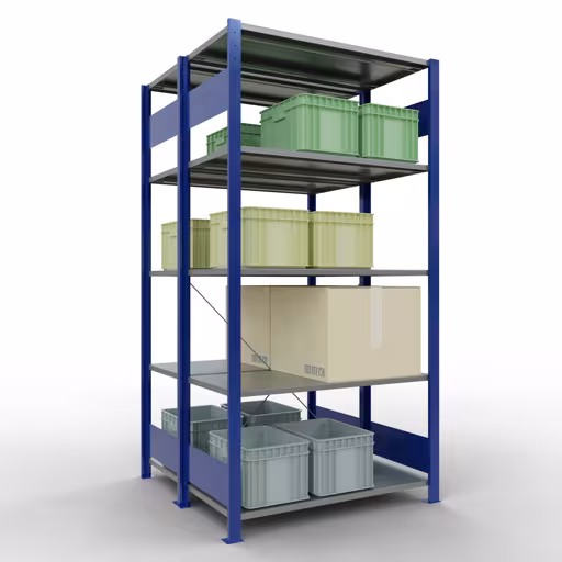 Un'altra vista dell'articolo Scaffale base, scaffale doppio, sistema a innesto per scaffale MULTIplus150, 2000 x 1000 x (2x500) mm (AxLxP), 2x5 ripiani, traversa, RAL 5010 blu genziana dalla categoria Scaffali