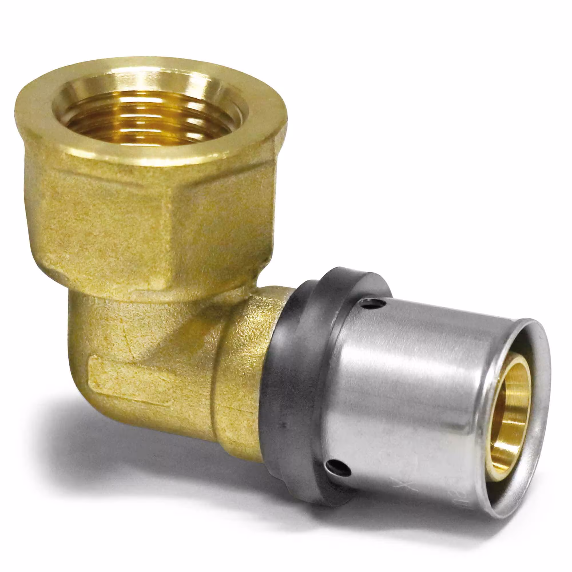 Angolo di transizione a pressa Pipetec dal tubo composito in alluminio 26 x 3 mm alla filettatura interna da 1" di Pipetec Angolo di passaggio a pressare con filettatura interna, raccordi a pressare, articolo n. PFWI2606