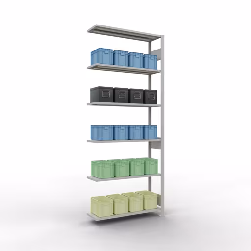 Un'altra vista dell'articolo Scaffali aggiuntivi, scaffale a scaffali, sistema a innesto MULTIplus150, 2500 x 1000 x 300 mm (AxLxP), 6 ripiani, barre longitudinali, RAL 7035 grigio chiaro dalla categoria scaffali aggiuntivi