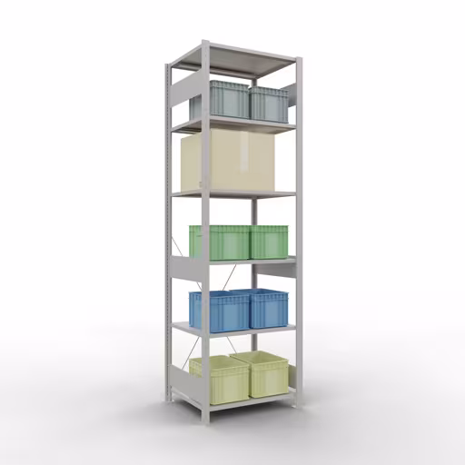 Étagère de base, étagère à étagères, système enfichable MULTIplus150, 2500 x 750 x 600 mm (HxLxP), 6 étagères, traverse, RAL 7035 gris clair avec le numéro d'article. 32661-75 Étagère de base, étagère, système enfichable MULTIplus150, 2500 x 750 x 600 mm, 6 étagères, traverse, gris clair RAL 7035 de Schulte Lagertechnik de la catégorie système enfichable