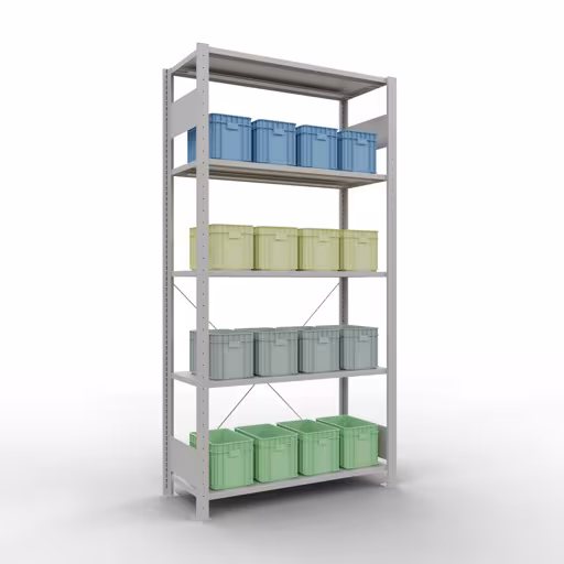 Image du produit n° 13 de l'article étagère de base, étagère, système enfichable MULTIplus150, 2000 x 1000 x 400 mm, 5 étagères, traverse, RAL 7035 gris clair Figure n° 13 de l'article étagère de base, système d'étagères enfichables MULTIplus150, 2000 x 1000 x 400 mm, 5 étagères, gris clair RAL 7035 du groupe de produits système enfichable de Schulte Lagertechnik