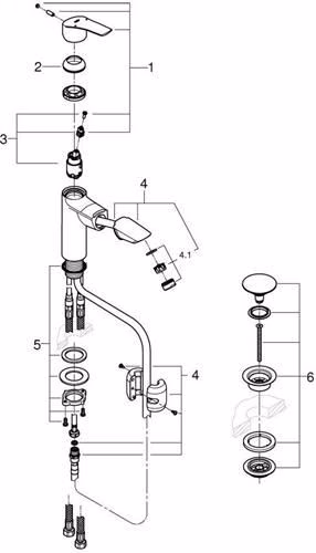Technische Zeichnung 4029461 GROHE Mitigeur monocommandé pour lavabo Eurosmart 23976_3 M-Size bec extensible Push-Open garniture d'écoulement chromée