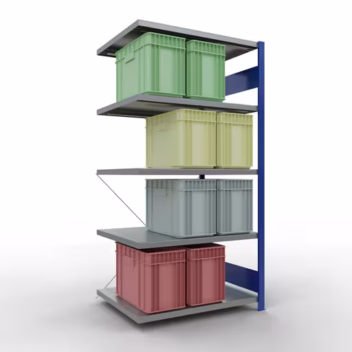 Scaffali aggiuntivi, scaffali, sistema a innesto MULTIplus250, 2000 x 1000 x 800 mm (AxLxP), 5 ripiani, traversa, RAL 5010 blu genziana/zincato con GTIN 4004514284303 Scaffali aggiuntivi, scaffali, sistema a innesto MULTIplus250, 2000 x 1000 x 800 mm (AxLxP), 5 ripiani, traversa, RAL 5010 blu genziana/zincato di Schulte Lagertechnik con l'articolo n. 12985-B