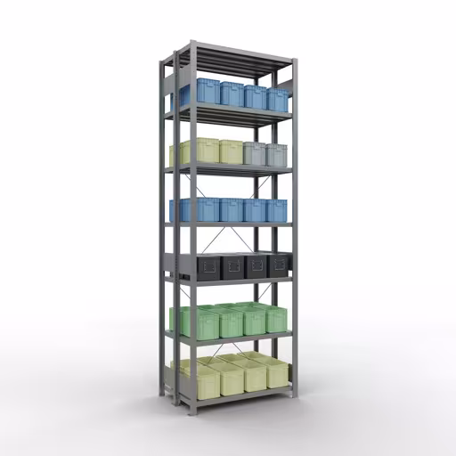 Étagère de base, étagère double, système d'étagères MULTIplus250, 3000 x 1000 x (2x300) mm, 2x7 étagères, traverse, galvanisé avec GTIN 4058255035342 Étagère de base, étagère double, système d'étagère enfichable MULTIplus250, 3000 x 1000 x (2x300) mm, 2x7 étagères, traverse, galvanisée de Schulte Lagertechnik avec le numéro d'article. 14232-G