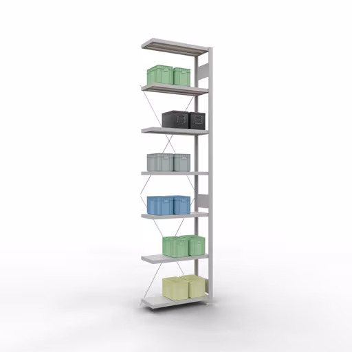 Produktbild Nr 13 des Artikels Anbauregal, Fachbodenregal Stecksystem MULTIplus250, 3000 x 750 x 300 mm (HxBxT), 7 Fachböden, Kreuzstrebe, RAL 7035 lichtgrau Abbildung Nr 13 des Artikels Anbauregal, Fachbodenregal Stecksystem MULTIplus250, 3000 x 750 x 300 mm (HxBxT), 7 Fachböden, Kreuzstrebe, RAL 7035 lichtgrau aus der Produktgruppe Stecksystem von der Marke Schulte Lagertechnik