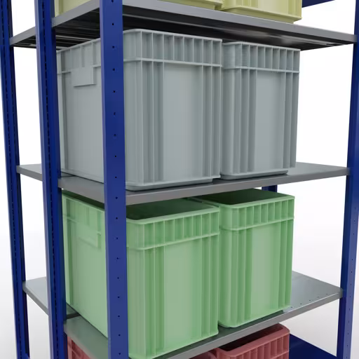 Une autre vue de l'article Etagère de base, étagère double, étagère système enfichable MULTIplus150, 2000 x 1000 x (2x400) mm (HxLxP), 2x5 étagères, barres de longueur, RAL 5010 bleu gentiane Une autre vue de l'article Etagère de base, étagère double, système d'étagères enfichable MULTIplus150, 2000 x 1000 x (2x400) mm, 2x5 étagères, RAL 5010 bleu gentiane de la catégorie étagères