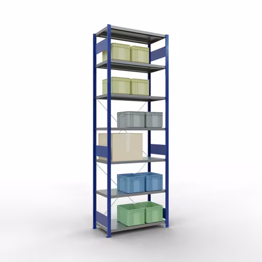 Grundregal, Fachbodenregal Stecksystem MULTIplus250, 3000 x 1000 x 500 mm (HxBxT), 7 Fachböden, Kreuzstrebe, RAL 5010 enzianblau/verzinkt aus der Kategorie Grundregal mit der GTIN 4004514283207 Grundregal, Fachbodenregal Stecksystem MULTIplus250, 3000 x 1000 x 500 mm (HxBxT), 7 Fachböden, Kreuzstrebe, RAL 5010 enzianblau/verzinkt von der Marke Schulte Lagertechnik aus der Produktreihe Stecksystem