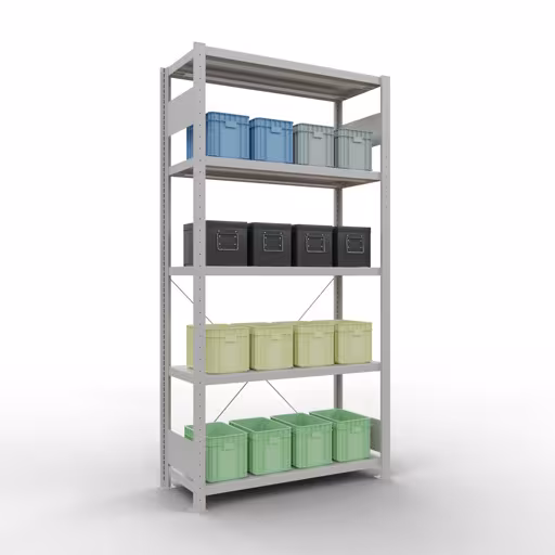 Image du produit n° 12 de l'article étagère de base, étagère, système enfichable MULTIplus330, 2000 x 1000 x 400 mm, 5 étagères, traverse, RAL 7035 gris clair Figure n° 12 de l'article étagère de base, système d'étagères enfichables MULTIplus330, 2000 x 1000 x 400 mm, 5 étagères, gris clair RAL 7035 du groupe de produits système enfichable de la marque Schulte Lagertechnik