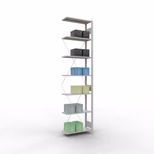 Scaffali aggiuntivi, scaffali, sistema a innesto MULTIplus150, 3000 x 750 x 300 mm (AxLxP), 7 ripiani, traversa, RAL 7035 grigio chiaro con l'articolo n. 32637-75 Scaffali aggiuntivi, scaffali, sistema a innesto MULTIplus150, 3000 x 750 x 300 mm (AxLxP), 7 ripiani, traversa, RAL 7035 grigio chiaro di Schulte Lagertechnik dalla categoria Sistemi a innesto