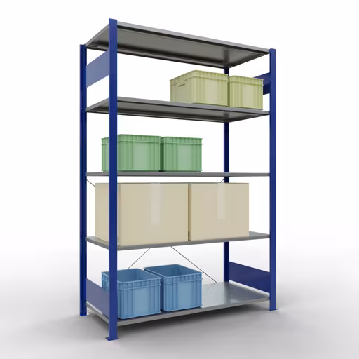 Image supplémentaire de l'article Étagère de base, étagère, système enfichable MULTIplus150, 2000 x 1300 x 600 mm (HxLxP), 5 étagères, traverse, RAL 5010 bleu gentiane/galvanisé Image supplémentaire de l'article Étagère de base, étagère, système enfichable MULTIplus150, 2000 x 1300 x 600 mm, 5 étagères, RAL 5010 bleu gentiane/galvanisé à partir de l'étagère de base