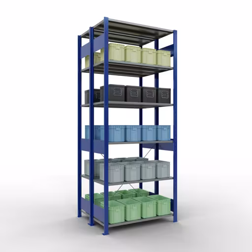 Scaffale base, scaffale doppio, sistema di scaffali MULTIplus150, 2500 x 1000 x (2x400) mm (AxLxP), 2x6 ripiani, traversa, RAL 5010 blu genziana di Schulte Lagertechnik dalla categoria scaffali