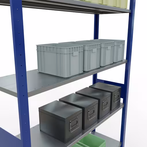 Étagère de base, étagère, système enfichable MULTIplus150, 3000 x 1300 x 400 mm (HxLxP), 7 étagères, barres de longueur, RAL 5010 bleu gentiane/galvanisé avec le GTIN 4004514280046 Étagère de base, étagère à étagères, système enfichable MULTIplus150, 3000 x 1300 x 400 mm, 7 étagères, RAL 5010 bleu gentiane/galvanisé de Schulte Lagertechnik avec le numéro d'article. 12742-130-LR-B