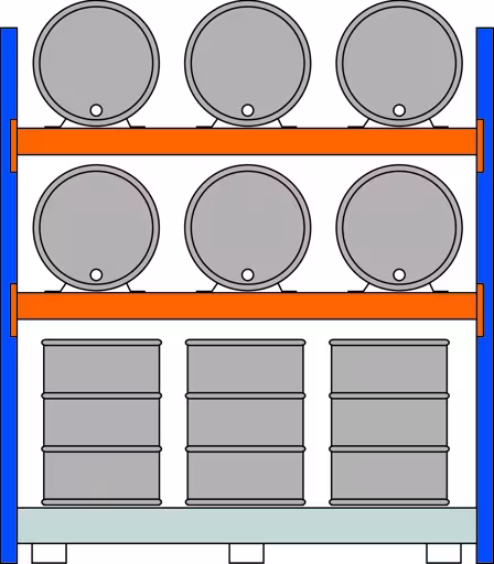 Etagère de base, étagère à fûts, 2500 x 2225 x 800 mm, bleu/galvanisé/RAL 2004, 2 niveaux pour 3 fûts de 200 l chacun couchés ; 1 bac de sol 2205 x 1100 mm, étagères tonneau, réf. 46974