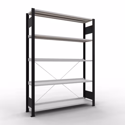 Scaffale Basic, scaffale per ufficio, sistema a innesto MULTIplus85, 1800 x 1300 x 300 mm (AxLxP), 5 ripiani, traversa, con barra di arresto, nero/grigio chiaro di Schulte Lagertechnik Scaffale Basic, scaffale per ufficio, sistema a innesto MULTIplus85, 1800 x 1300 x 300 mm (AxLxP), 5 ripiani, traversa, con listello di arresto, nero/grigio chiaro, sistema a innesto, articolo n. 36002-S