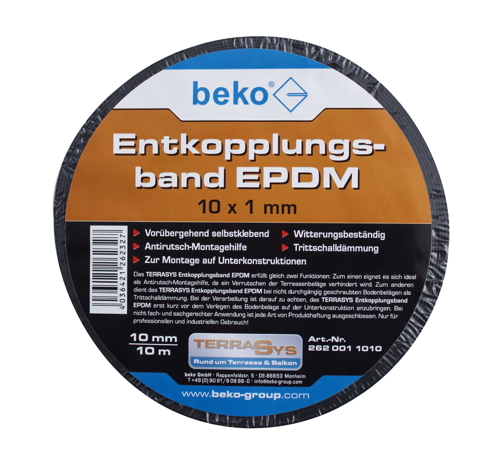 Nastro disaccoppiante TERRASYS EPDM, 10 x 1 mm, nero, 1 rotolo da 10 m di Beko Nastro disaccoppiante TERRASYS EPDM, 10 x 1 mm, nero, 1 rotolo da 10 m dalla categoria accessori di montaggio con articolo n. 262 001 1010
