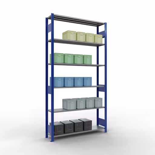 Étagère de base, étagère, système enfichable MULTIplus150, 2500 x 1300 x 300 mm (HxLxP), 6 étagères, barres de longueur, RAL 5010 bleu gentiane/galvanisé avec le GTIN 4004514279514 Étagère de base, étagère à étagères, système enfichable MULTIplus150, 2500 x 1300 x 300 mm, 6 étagères, RAL 5010 bleu gentiane/galvanisé de Schulte Lagertechnik avec le numéro d'article. 12731-130-LR-B