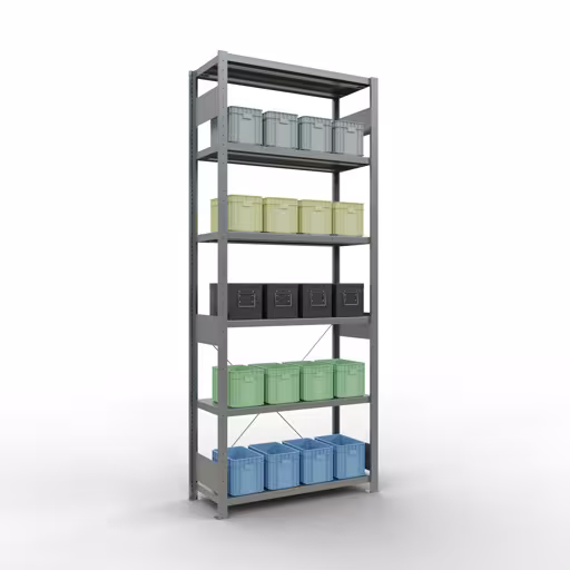 Scaffale base, scaffale, sistema a innesto MULTIplus250, 2500 x 1000 x 400 mm (AxLxP), 6 ripiani, traversa, zincato della categoria scaffale base con GTIN 4004514202888 Scaffale base, scaffale, sistema a innesto MULTIplus250, 2500 x 1000 x 400 mm (AxLxP), 6 ripiani, traversa, zincato della marca Schulte Lagertechnik della gamma dei sistemi a innesto