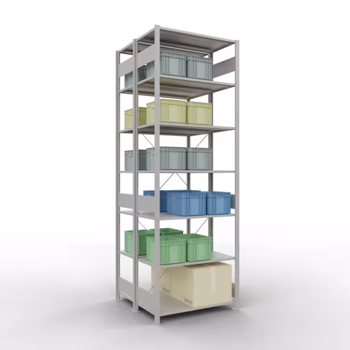 Un'altra vista dell'articolo scaffale base, scaffale doppio, sistema a innesto per scaffale MULTIplus150, 3000 x 1000 x (2x1000) mm (AxLxP), 2x7 ripiani, traversa, RAL 7035 grigio chiaro dalla categoria scaffali