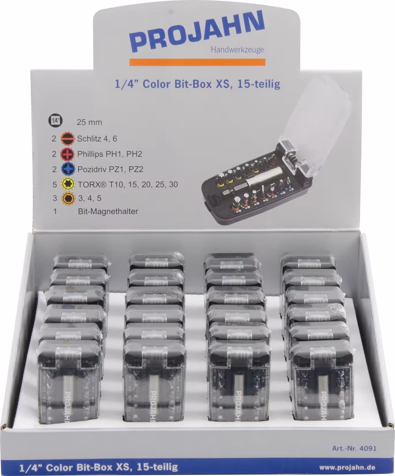 COLOR Bit-Box S 6,3 Ausführung Variante: 1/4" Bit Box mit markierten Bits 15 teilig mit der GTIN 4000146040911 1/4" Bit Box mit markierten Bits 15tlg von PROJAHN mit der Artikelnr. 4091
