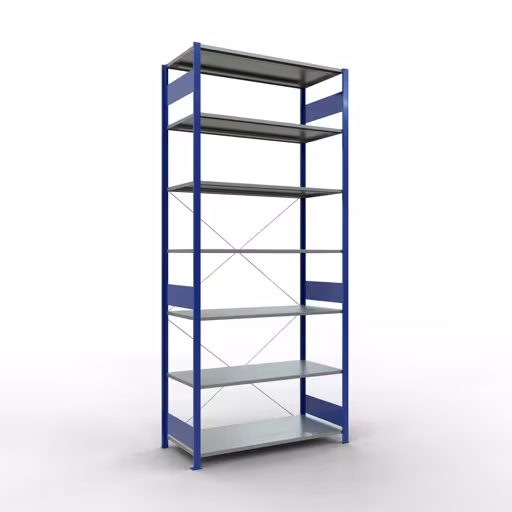 Scaffale base, scaffale, sistema a innesto MULTIplus150, 3000 x 1300 x 600 mm (AxLxP), 7 ripiani, traversa, RAL 5010 blu genziana/zincato di Schulte Lagertechnik con l'articolo n. 12762-130-B