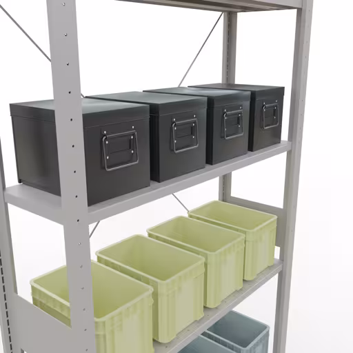 Image du produit n° 15 de l'article étagère de base, étagère, système enfichable MULTIplus85, 3000 x 1000 x 300 mm (HxLxP), 7 étagères, traverse, RAL 7035 gris clair Figure n° 15 de l'article étagère de base, étagère, système enfichable MULTIplus85, 3000 x 1000 x 300 mm, 7 étagères, traverse, RAL 7035 gris clair du groupe de produits système enfichable de la marque Schulte Lagertechnik