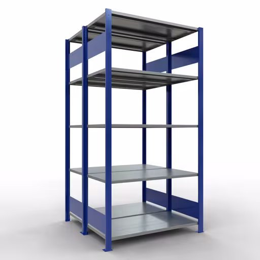 Étagère de base, étagère double, système d'étagères MULTIplus150, 2000 x 1000 x (2x500) mm (HxLxP), 2x5 étagères, barres de longueur, RAL 5010 bleu gentiane, étagères doubles, réf. 33150-B