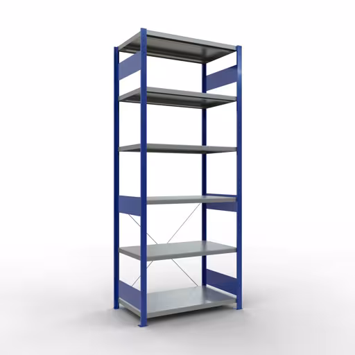 Ripiano base, ripiano, sistema a innesto MULTIplus330, 2500 x 1000 x 600 mm (AxLxP), 6 ripiani, traversa, RAL 5010 blu genziana/zincato, ripiano base, articolo n. 13961-B