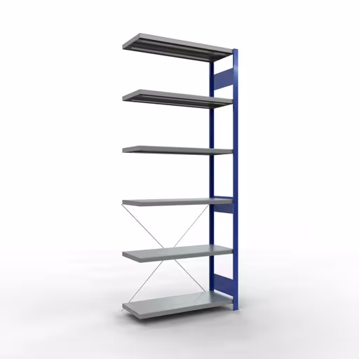 Anbauregal, Fachbodenregal Stecksystem MULTIplus250, 2500 x 1000 x 400 mm (HxBxT), 6 Fachböden, Kreuzstrebe, RAL 5010 enzianblau/verzinkt aus der Kategorie Anbauregal mit der Artikelnummer 12946-B