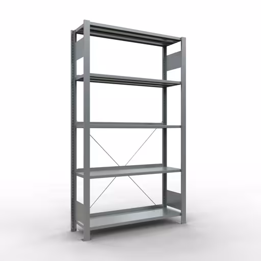 Étagère de base, étagère de bureau, système enfichable MULTIplus85, 1800 x 1000 x 300 mm (HxLxP), 5 étagères, traverse, galvanisée, avec barre d'arrêt de Schulte Lagertechnik Étagère de base, étagère de bureau, système enfichable MULTIplus85, 1800 x 1000 x 300 mm (HxLxP), 5 tablettes, traverse, galvanisée, avec bande de butée, système enfichable, réf. 17701