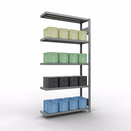 Un'altra vista dell'articolo Scaffale aggiuntivo, ripiano a scaffale, sistema a innesto MULTIplus250, 2000 x 1000 x 300 mm (AxLxP), 5 ripiani, barre longitudinali, zincato dalla categoria scaffale aggiuntivo
