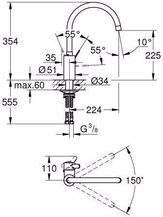 Technische Zeichnung 4077837 Miscelatore monocomando per lavello GROHE Eurosmart C 32843 bocca alta cromo