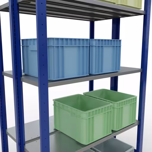 Une autre vue de l'article Etagère de base, étagère double, étagère système enfichable MULTIplus150, 2000 x 1000 x (2x300) mm (HxLxP), 2x5 étagères, barres de longueur, RAL 5010 bleu gentiane Une autre vue de l'article Etagère de base, étagère double, système d'étagère enfichable MULTIplus150, 2000 x 1000 x (2x300) mm, 2x5 étagères, RAL 5010 bleu gentiane de la catégorie étagères