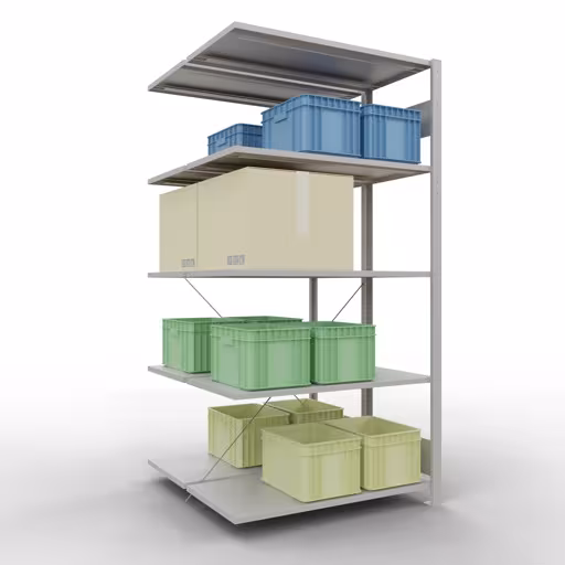 Étagère supplémentaire, étagère double, étagère, système enfichable MULTIplus150, 2000 x 1000 x (2x500) mm, 2x5 étagères, traverse, RAL 7035 gris clair avec la référence réf. 32755 , étagère double, système d'étagères MULTIplus150, 2000 x 1000 x (2x500) mm, 2x5 étagères, gris clair RAL 7035 de Schulte Lagertechnik de la catégorie étagères