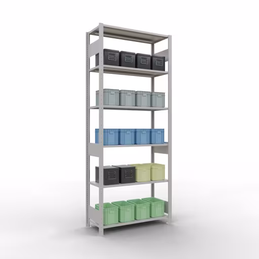 Une autre vue de l'article Etagère Basic, étagère système enfichable MULTIplus150, 2500 x 1000 x 400 mm, 6 étagères, RAL 7035 gris clair de la catégorie système enfichable