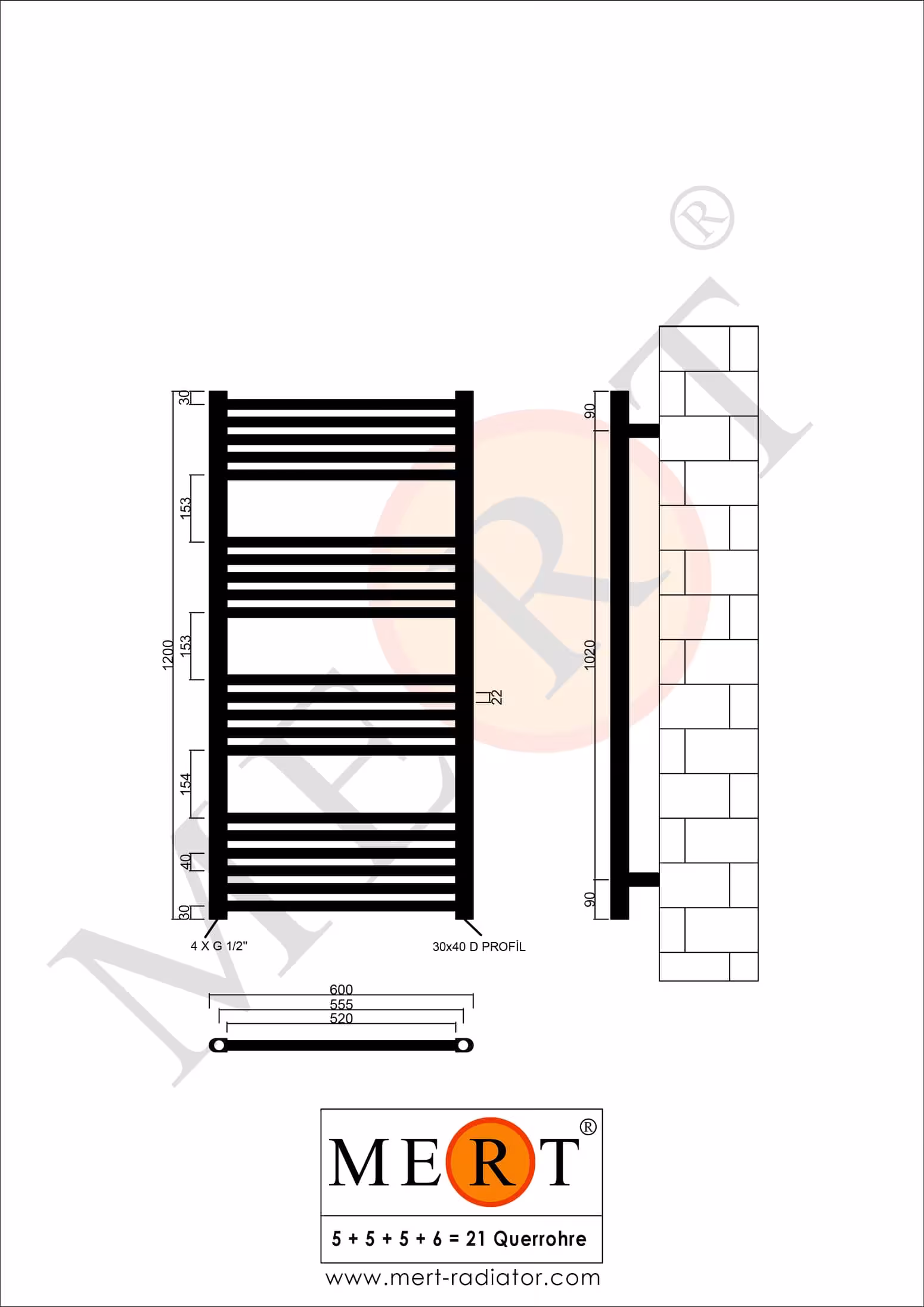Radiatore da bagno di ricambio MERT bianco dritto, 600*1200 mm, attacco standard destra/sinistra (NO attacco centrale) di MERT con articolo n. 1-60x120-S
