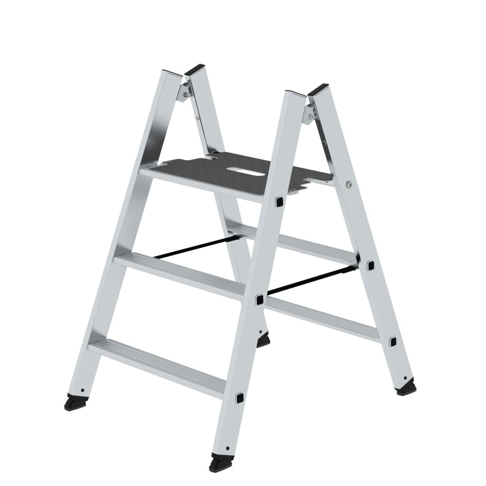 Escabeau pliant Munk, accessible des deux côtés, en aluminium naturel, 3 marches, par Günzburger Steigtechnik Escabeau pliant Munk, accessible des deux côtés, en aluminium naturel, de la catégorie « Escabeaux », référence 050183