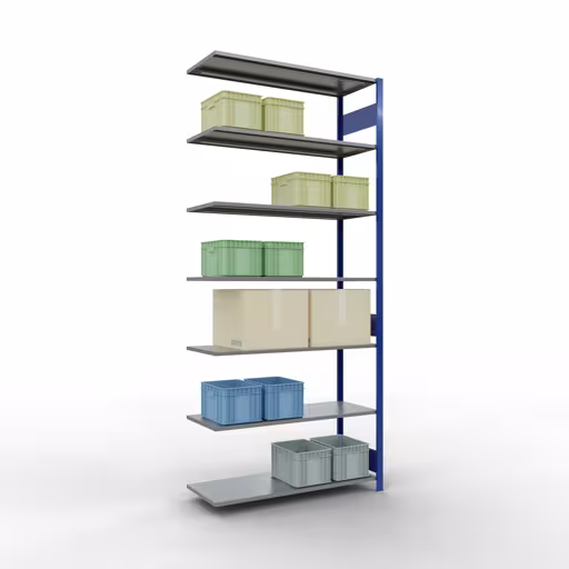 Rayonnage supplémentaire, étagère MULTIplus150, système enfichable, 3000 x 1300 x 500 mm (HxLxP), 7 tablettes, barres de longueur, RAL 5010 bleu gentiane/galvanisé avec le GTIN 4004514280763 Rayonnage supplémentaire, rayonnage à étagères, système enfichable MULTIplus150, 3000 x 1300 x 500 mm, 7 étagères, RAL 5010 bleu gentiane/galvanisé de Schulte Lagertechnik avec le réf. 12757-130-LR-B