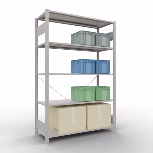 Ripiano base sistema a innesto 2000x1300x500 mm, tipo 150 kg, grigio chiaro con GTIN 4004514292964 Scaffale base con sistema a innesto 2000x1300x500 mm, tipo 150 kg, grigio chiaro di Schulte Lagertechnik con l'articolo n. 32650-130