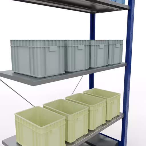 Une autre vue de l'article Rayonnage complémentaire, rayonnage à étagères, système enfichable MULTIplus150, 2000 x 1000 x 400 mm (HxLxP), 5 étagères, traverse, RAL 5010/galvanisé Une autre vue de l'article Étagère rapportée, étagère, système enfichable MULTIplus150, 2000 x 1000 x 400 mm, 5 étagères, RAL 5010/galvanisé de la catégorie système enfichable