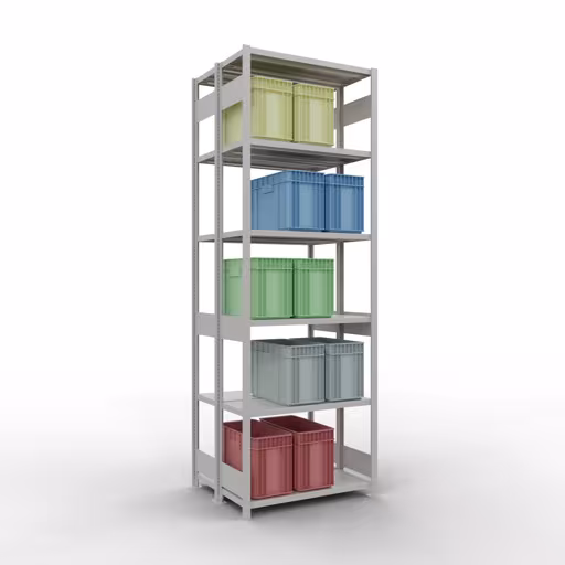 Immagine aggiuntiva dell'articolo Scaffale base, scaffale doppio, sistema a innesto per scaffale MULTIplus250, 3000 x 1000 x (2x400) mm (AxLxP), ripiani 2x7, barre longitudinali, RAL 7035 grigio chiaro Immagine aggiuntiva dell'articolo Scaffale base, scaffale doppio, sistema a innesto per scaffale MULTIplus250, 3000 x 1000 x (2x400) mm (AxLxP), 2x7 ripiani, barre longitudinali, RAL 7035 grigio chiaro da ripiani doppi