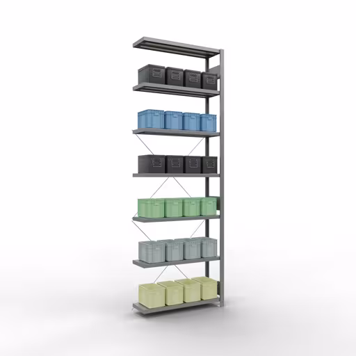 Image supplémentaire de l'article Rayonnage complémentaire, rayonnage à étagères, système enfichable MULTIplus250, 3000 x 1000 x 300 mm (HxLxP), 7 étagères, traverse, galvanisé Image supplémentaire de l'article Tablette supplémentaire, étagère, système enfichable MULTIplus250, 3000 x 1000 x 300 mm, 7 tablettes, galvanisé à partir de la tablette supplémentaire