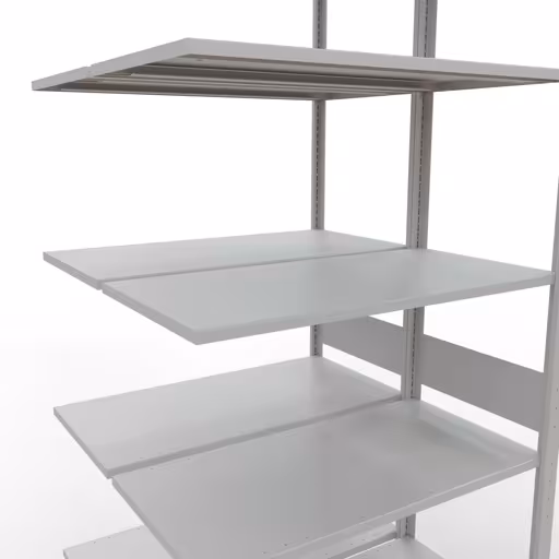Rayonnage supplémentaire, rayonnage double, système d'étagères MULTIplus150, 3000 x 1000 x (2x500) mm (HxLxP), 2x7 tablettes, barres de longueur, RAL 7035 gris clair avec le GTIN 4058255012589 Rayonnage supplémentaire, rayonnage double, système d'étagères MULTIplus150, 3000 x 1000 x (2x500) mm, 2x7 étagères, gris clair RAL 7035 de Schulte Lagertechnik avec le numéro d'article. 33157