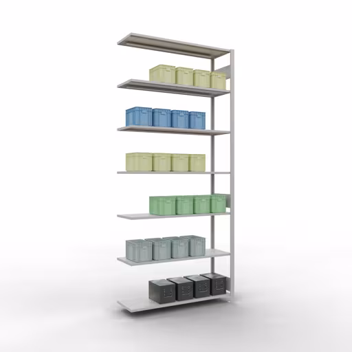 Étagère complémentaire, étagère, système enfichable MULTIplus150, 3000 x 1300 x 400 mm, 7 étagères, barres de longueur, RAL 7035 gris clair de la catégorie étagères complémentaires avec le GTIN 4004514292933 , système d'étagères enfichables MULTIplus150, 3000 x 1300 x 400 mm, 7 étagères, RAL 7035 gris clair de Schulte Lagertechnik de la gamme de produits du système enfichable