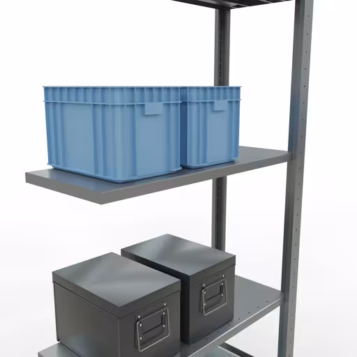 Image supplémentaire de l'article Rayonnage complémentaire, rayonnage à étagères, système enfichable MULTIplus150, 2000 x 750 x 300 mm (HxLxP), 5 étagères, barres de longueur, galvanisé Image supplémentaire de l'article Tablette supplémentaire, étagère, système enfichable MULTIplus150, 2000 x 750 x 300 mm, 5 tablettes, galvanisé à partir de la tablette supplémentaire