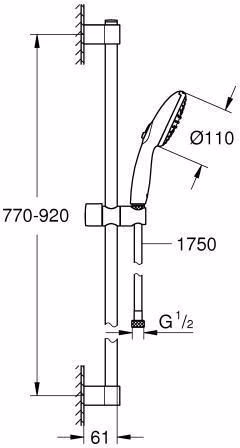 Technische Zeichnung 4056803 GROHE Barre de douche Tempesta 110 27646_3 900 mm 2 jets 13,5 l/min chrome