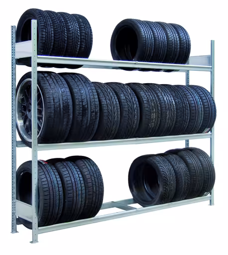 Rayonnage de base, grand rayonnage à roues/pneus, 2000 x 2000 x 400 mm (HxLxP), galvanisé, 3 niveaux de stockage avec une charge de compartiment de 400 kg par niveau, stockage de pièces automobiles, réf. 20950